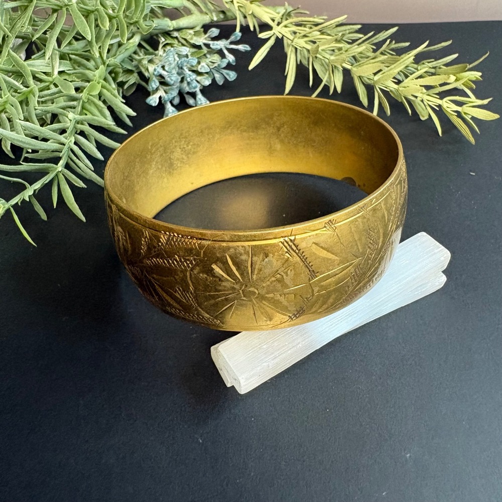 Vintage Brass Bangle Bracelet Etched Floral | Wide Gold Tone Cuff | Boho